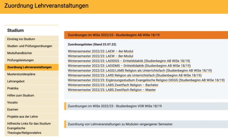 Zuordnungslisten und Lehrveranstaltungen für das Wintersemester 2022/23